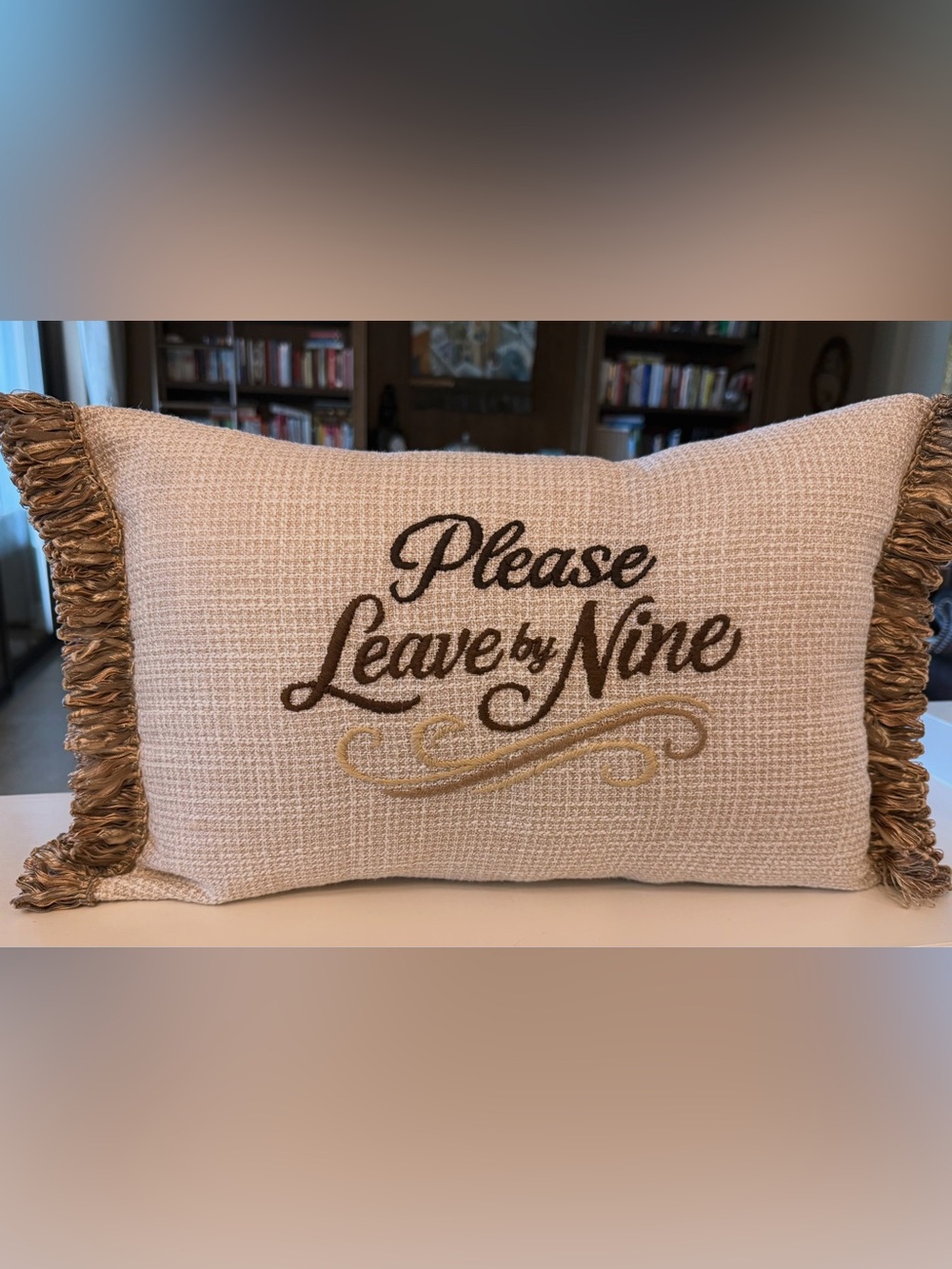 Please Leave by Nine Hand Embroidered Accent Pillow - Beige & Brown